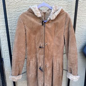 Wilsons Leather vintage tan suede faux shearling lined toggle coat size s